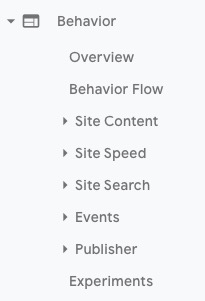 Menu dei rapporti sul comportamento di Google Analytics