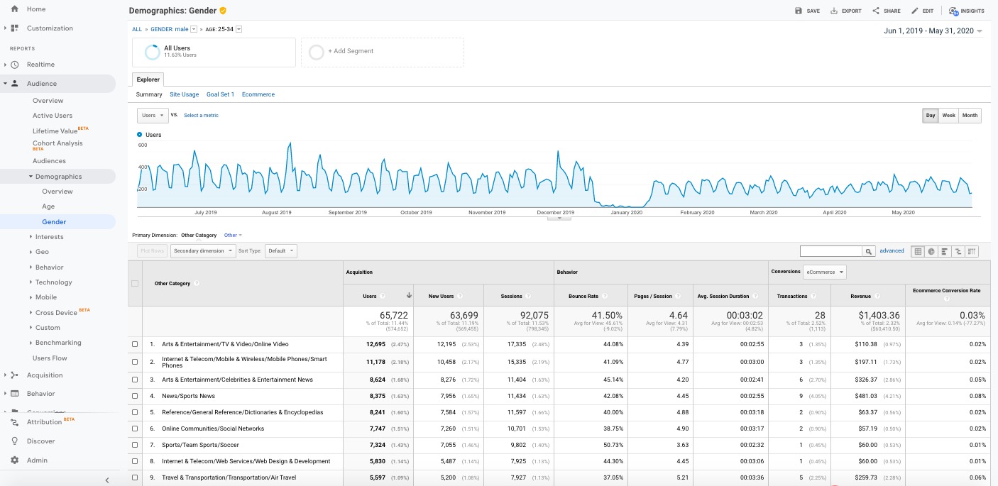 Rapporto sui dati demografici di Google Analytics sesso età altri interessi