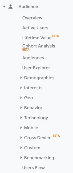 Google Analytics audience report menu