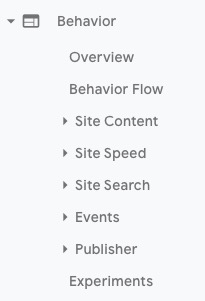 Google Analytics behavior report menu