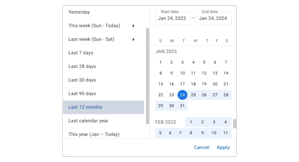 Pemilih rentang tanggal Google Analytics