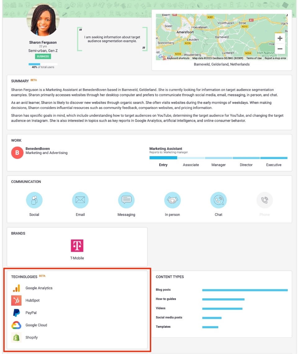 Sample persona with technologies module